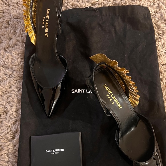 SAINT LAURENT EDIE Slingback Pump Heel Shoe Gold Black Patent-likeNew!originals! - Picture 7 of 8